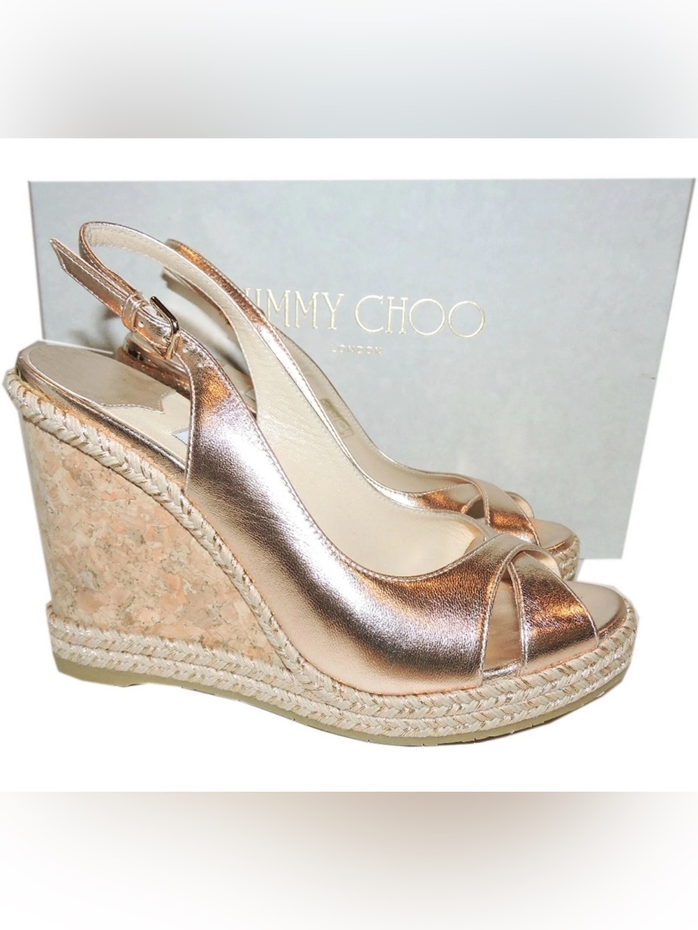 Jimmy Choo Metallic Rose Gold Leather Cork Espadrille Wedges